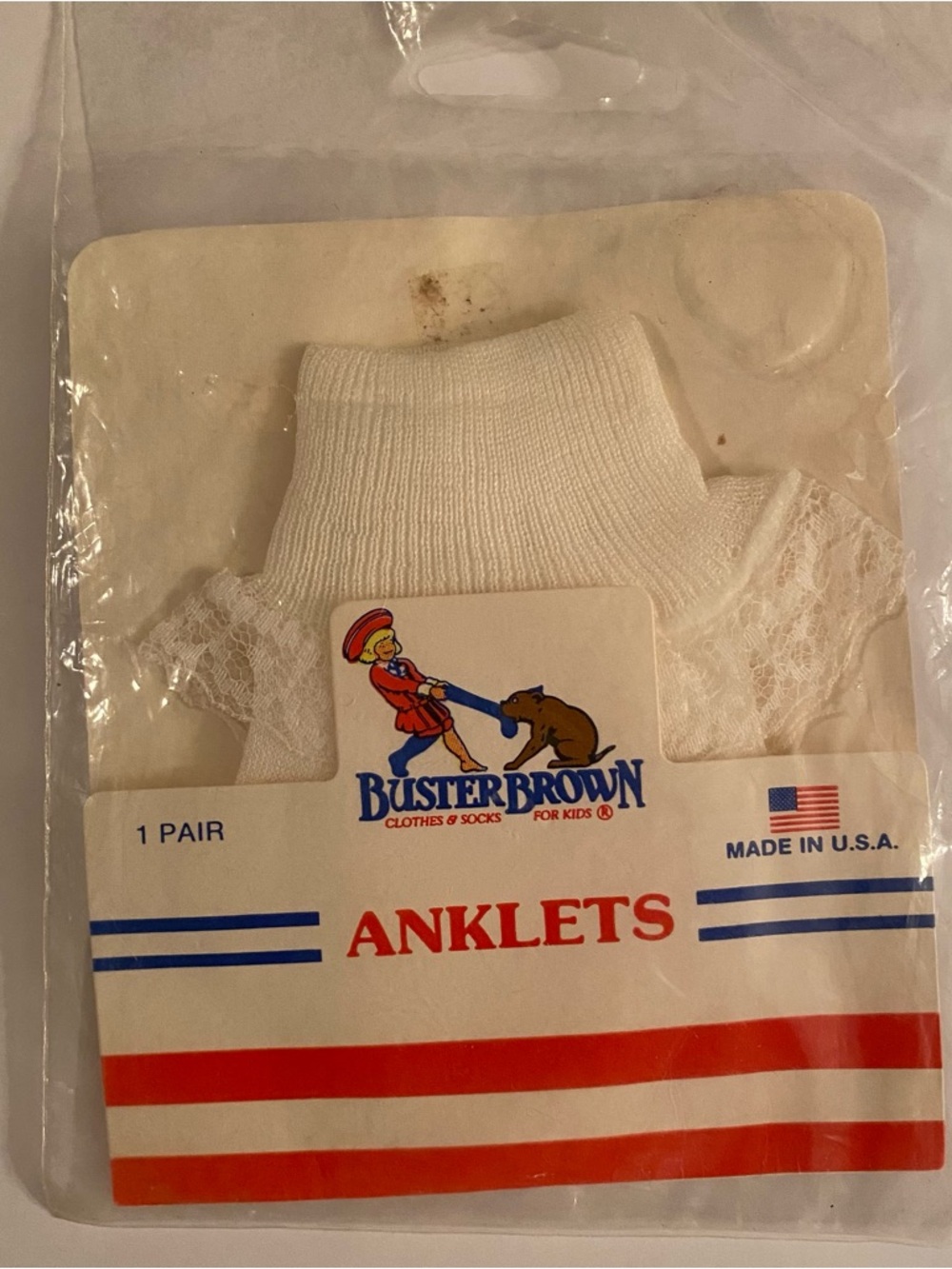 Vintage 80s Buster Brown Girl's Lace Trim Anklet Socks - New Sealed Made in USA